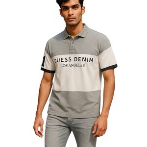 Guess Denim Mens Polo Large S/S Shirt Grey White Button Up Casual Preppy